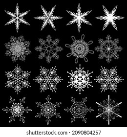 ein Satz handgezeichneter weißer Schneeflocken, flache Illustration, schwarzer Hintergrund, Design-Elemente für die Verzierung einer Grußkarte oder eines Weihnachtsbriefs in einem sozialen Netzwerk, Grafiken