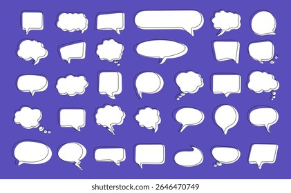 Set of hand-drawn white speech and thought bubbles on a purple background, ideal for comic, dialogue, and communication design projects.