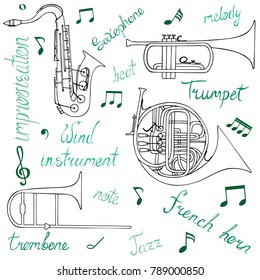 Set of hand-drawn wind musical instruments, notes, and lettering.