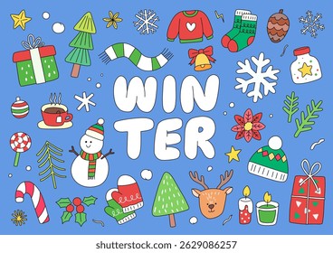 Set of hand-drawn winter and Christmas concept illustrations in doodle art style, featuring graphic elements such as snow, gift boxes, Christmas trees, socks, snowmen, and candy