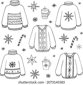 Set of hand-drawn winter clothes. Knitted sweaters isolated on a white background. Vector doodle illustration.