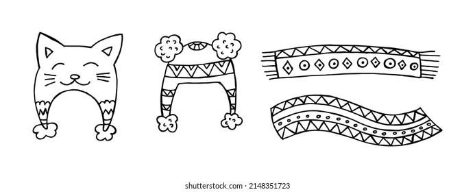 A set of hand-drawn winter clothing. Vector illustration in doodle style. Winter mood. Hello 2023. Merry Christmas and Happy New Year. Black hats and scarfs on a white background.