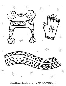 A set of hand-drawn winter clothing. Vector illustration in doodle style. Winter mood. Hello 2023. Merry Christmas and Happy New Year. Black and gray elements on a white background.