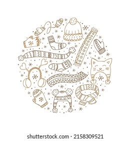 A set of hand-drawn winter clothing. Vector illustration in doodle style. Winter mood. Hello 2023. Merry Christmas and Happy New Year. Brown elements in the shape of a circle on a white background.