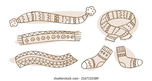 A set of hand-drawn winter clothing. Vector illustration in doodle style. Winter mood. Hello 2023. Merry Christmas and Happy New Year. Brown scarfs and socks on a white background.