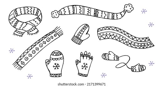 Un conjunto de ropa de invierno hecha a mano. Ilustración vectorial en estilo doodle. Ánimo de invierno. Hola 2023. Feliz Navidad y Feliz Año Nuevo. Escarabajos negros y violetas, mitones y guantes sobre un fondo blanco.