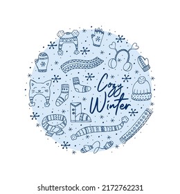 Un conjunto de ropa de invierno hecha a mano. Ilustración vectorial en estilo doodle. Ánimo de invierno. Hola 2023. Feliz Navidad y Feliz Año Nuevo. Elementos azules en forma de círculo sobre un fondo blanco.