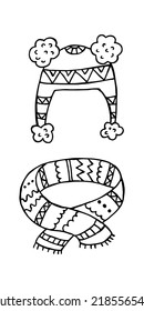 Ein Satz handgezeichneter Winterkleidung. Vektorgrafik im Doodle-Stil. Winterstimmung. Hallo 2023. Frohe Weihnachten und glückliches neues Jahr. Schwarzer Hut und Schal auf weißem Hintergrund.