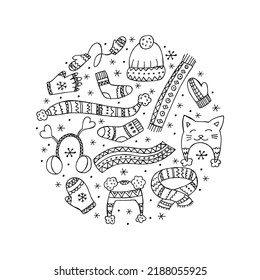A set of hand-drawn winter clothing. Vector illustration in doodle style. Winter mood. Hello 2023. Merry Christmas and Happy New Year. Black elements in the shape of a circle on a white background.