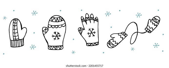 A set of hand-drawn winter clothing. Vector illustration in doodle style. Winter mood. Hello 2023. Merry Christmas and Happy New Year. Black and blue mittens on a white background.