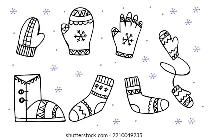 A set of hand-drawn winter clothing. Vector illustration in doodle style. Winter mood. Hello 2023. Merry Christmas and Happy New Year. Black and violet boot and socks, and glove on a white background.