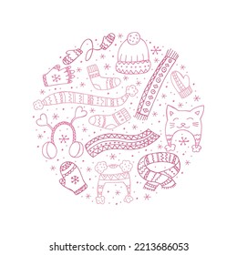 A set of hand-drawn winter clothing. Vector illustration in doodle style. Winter mood. Hello 2023. Merry Christmas and Happy New Year. Pink elements in the shape of a circle on a white background.