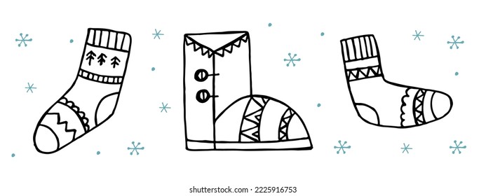 A set of hand-drawn winter clothing. Vector illustration in doodle style. Winter mood. Hello 2023. Merry Christmas and Happy New Year. Black and blue socks and boot on a white background.