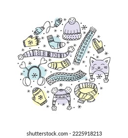 A set of hand-drawn winter clothing. Vector illustration in doodle style. Winter mood. Hello 2023. Merry Christmas and Happy New Year. Black elements in the shape of a circle on a white background.