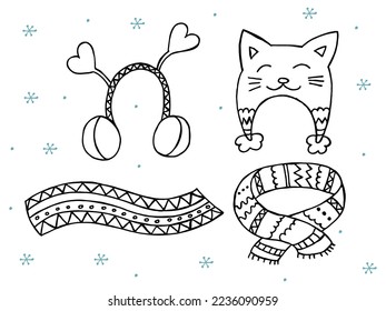 A set of hand-drawn winter clothing. Vector illustration in doodle style. Winter mood. Hello 2023. Merry Christmas and Happy New Year. Black and blue hats and scarfs on a white background.