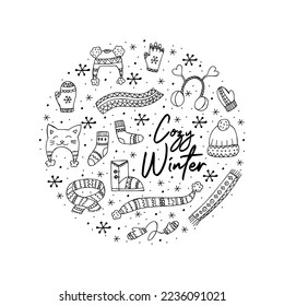 A set of hand-drawn winter clothing. Vector illustration in doodle style. Winter mood. Hello 2023. Merry Christmas and Happy New Year. Black elements in the shape of a circle on a white background.