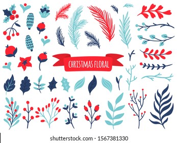 Set of hand-drawn winter floral elements. Many cute items like branches, cones, fir and berries. Vector illustration. Great for decorate postcard, sites, invitation, banner, prints, email or ads.
