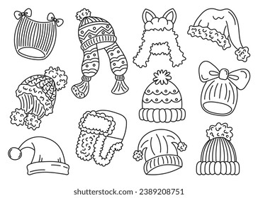 Set of hand-drawn winter hats