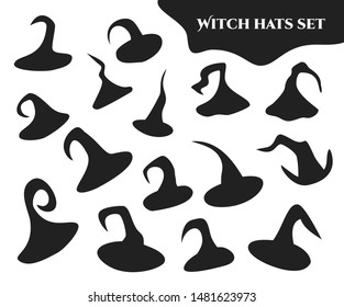 Set of hand-drawn witch hats silhouettes images. Pack of different isolated black Halloween costume elements on white background. Disjunct vector illustration of a traditional wizard clothing