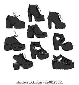 a set of hand-drawn women's shoes of various types. cartoon sketch on a white background