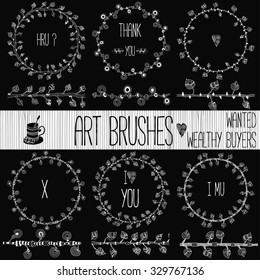 Set of hand-drawn wreaths. Vector brushes.  Use English spoken reduction. Tree trunk with branches and leaves. Ink pen.  Fantastic patterns on the leaves of trees. Black.