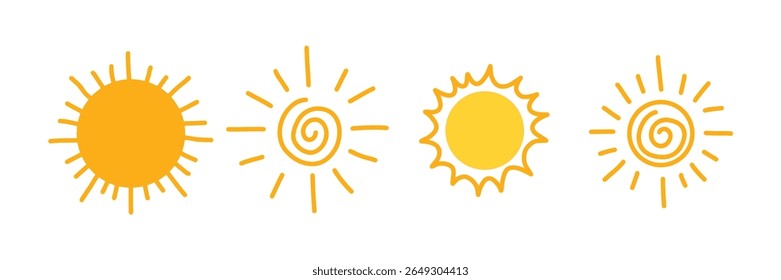 Set of hand-drawn yellow sun icons in doodle style. Summer symbols with spiral and ray designs. Perfect for weather forecast, childrens decor, prints, and sunny-themed projects. Vector illustration
