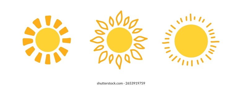 Conjunto de ícones amarelos do sol desenhados à mão em estilo de rabiscar. Símbolos de verão com desenhos em espiral e raio. Perfeito para previsão do tempo, decoração infantil, impressões e projetos com temas de sol. Ilustração vetorial