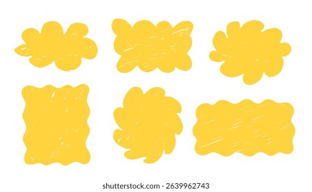 Set of hand-drawn yellow text clouds. Vector doodle style labels for text, sale stickers, packaging, gift tags, social media posts, web design, banners, posters, and creative backgrounds.