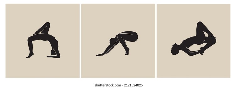 Set hand-drawn yoga women. Silhouette of female body in minimalistic style. Scandinavian art. Design in trendy style for poster, yoga and meditation studio. 