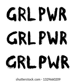 Set of hand-drawn"GRL PWR (or "Girl power") quotes isolated on white background. Rough graffiti shapes. Doodle style abstract ink grunge texture. Logo vector collection.