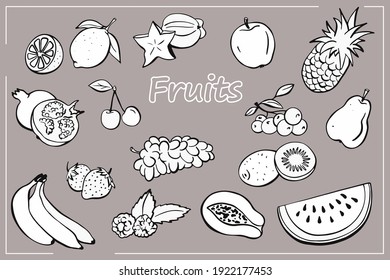 Set of Hand-drawning fruits and berries in line style. Vector illustration. Kiwi, pear, grape, banana, strawberry, watermelon, cherry, raspberries, pineapple, carambola, papaya, lemon, apple.