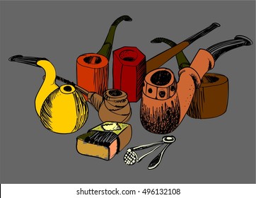 Set of hand-drown colored smoking pipe. Vector Illustration