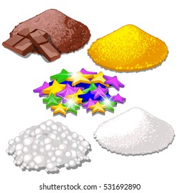 Set of handful of bright colorful food candy sprinkles for festive desserts isolated on white. Sample of granular topping and decors for baking. Grated chocolate, powdered sugar, stars. Vector.