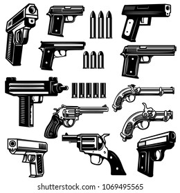 Set of handgun, revolver illustrations. Design elements for logo, label, emblem, sign, badge. Vector illustration