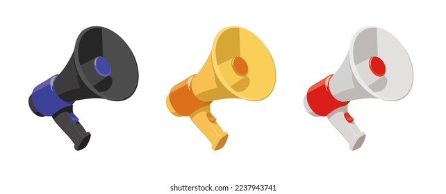 Set of a hand-held megaphone in different colors on a white background. The concept of social media marketing, advertising, speech, voice. Vector illustration.