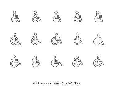 Set of Handicapped patient icon vector. Linear style sign for mobile concept and web design. Handicapped patient symbol illustration.