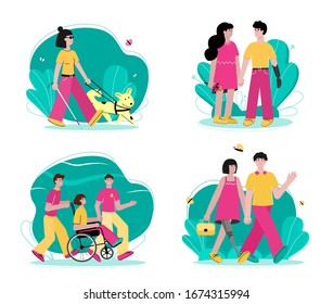 Set of handicapped people walking flat cartoon vector illustration isolated.