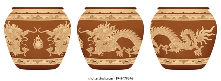 Set of Handicraft, pottery jar with ancient dragon pattern.Graphic vector