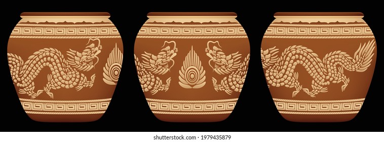 Set of Handicraft, pottery jar with ancient dragon pattern.Graphic vector