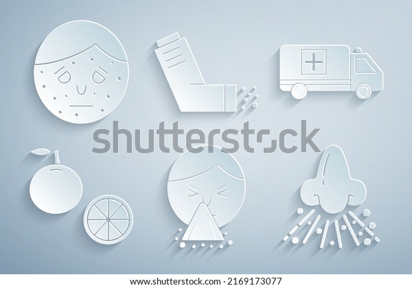 Set Handkerchief to his runny nose, Emergency car,\
Orange fruit, Runny, Inhaler and Face with psoriasis or eczema\
icon. Vector