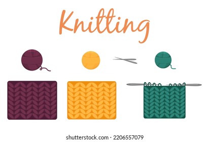 A set of hand-knitted textures, a set of knitting threads. The process of knitting textiles. Hobbies, handmade needlework, knitting.