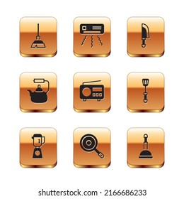 Set Handle broom, Blender, Frying pan, Radio, Kettle with handle, Knife, Rubber plunger and Air conditioner icon. Vector