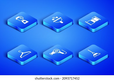 Set Handle broom, Blender, Hair dryer, Hanger wardrobe, Washbasin and Bed icon. Vector