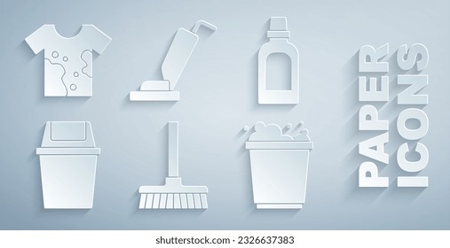 Set Handle broom, Bottle for cleaning agent, Trash can, Bucket with foam, Vacuum cleaner and Dirty t-shirt icon. Vector