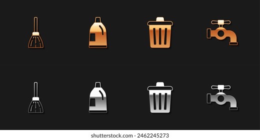 Set Handle broom, Bottle for cleaning agent, Trash can and Water tap icon. Vector