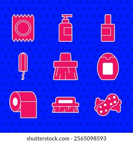 Set Handle broom, Brush for cleaning, Sponge, Bottle of shampoo, Toilet paper roll, Sanitary tampon, agent and Condom package safe sex icon. Vector