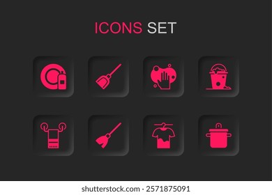 Set Handle broom, Dustpan, Dishwashing bottle plate, Drying clothes, Bucket with foam bubbles, Cooking pot, Sponge and Towel hanger icon. Vector