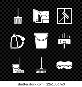 Set Handle broom, Electric iron towel, Squeegee, scraper, wiper, Mop bucket, Sponge, Plastic bottles for liquid dishwashing liquid and Bucket icon. Vector