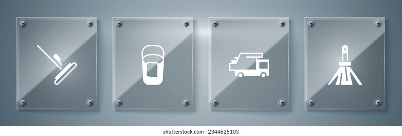 Set Handle Besen, Müllwagen, Eimer mit Lappen und Mopp. Viereckige Glasplatten. Vektorgrafik