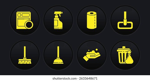 Set Handle broom, Mop, Rubber plunger, Washing hands with soap, Paper towel roll, Spray bottle detergent liquid, Trash can garbage bag and Kitchen dishwasher machine icon. Vector